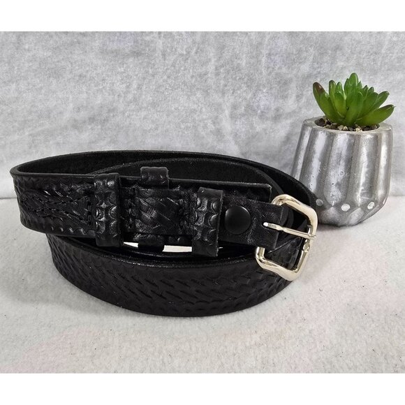 Handcrafted Black Leather Belt With Men's Silver Buckle By Boston   Size‎ 44 - Picture 1 of 8